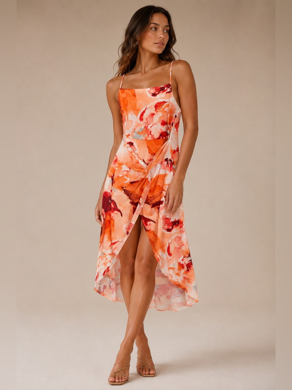 Orange Floral High-Low Slip Dress